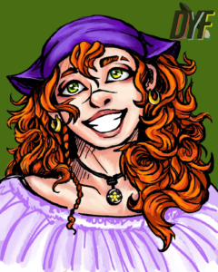 Illustration of the head and shoulders of a redheaded, smiling girl