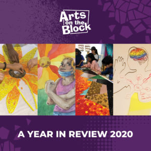 AOB logo on a purple background with words "A Year In Review 2020" and four images of AOB art projects