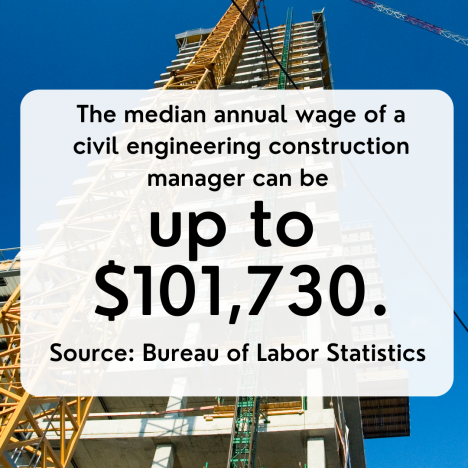 Image of a building being constructed with text: “The median annual wage for a civil engineering construction manager can be up to $101,730.”