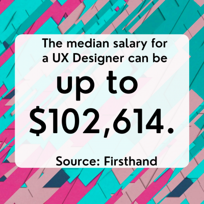 : Image of abstract technological design with text that says: “The median salary for a UX Designer can be up to $102,614. Source: Firsthand”